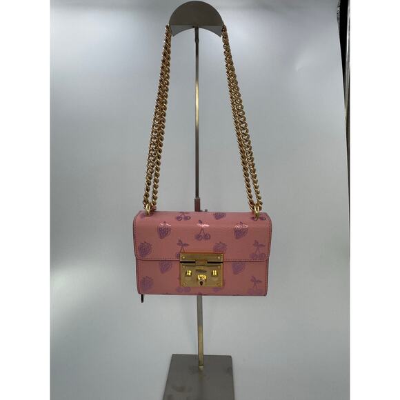 Gucci Padlock Strawberry & Cherry Print Mini Shoulder Bag in Pink Leather - Picture 1 of 6